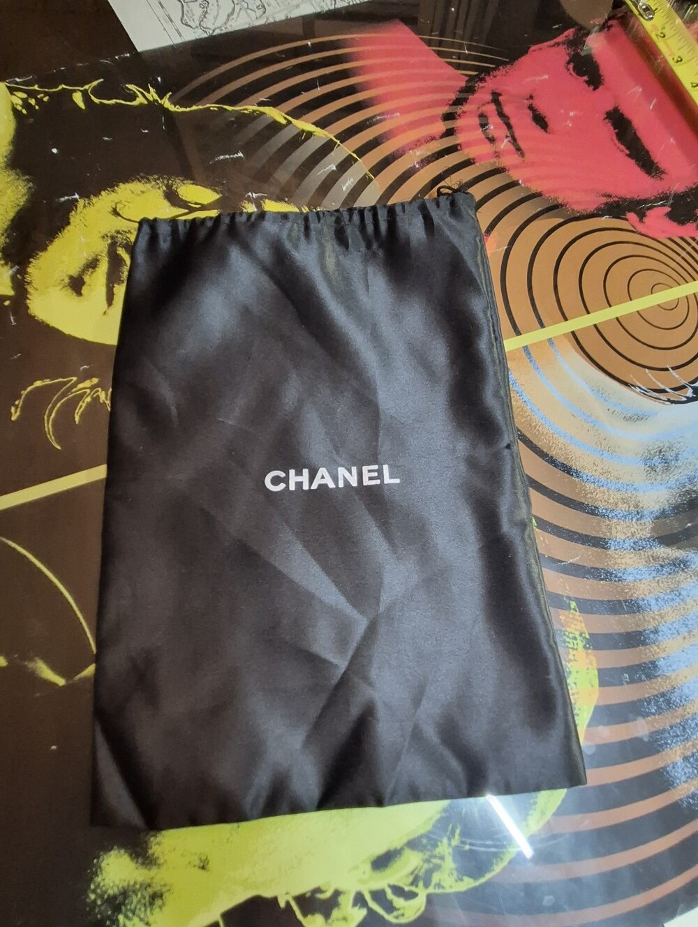 CHANEL Black Satin Drawstring Pouch with White Logo